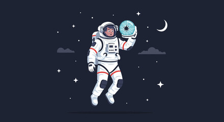 Fototapeta premium An astronaut in space holds a mysterious orb under the light of the moon and stars