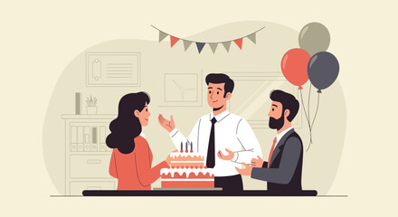 Celebrating Birthday with Coworkers in an Office Environment for Company Achievement