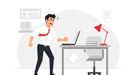 Frustrated Businessman About To Smash Laptop Computer At His Workplace
