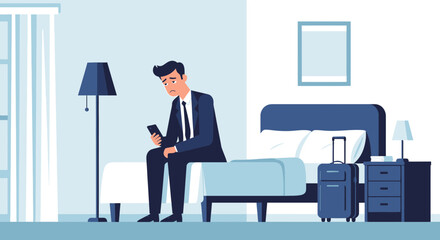 Disappointed Businessman Sits on Bed With Smartphone in Hotel Room