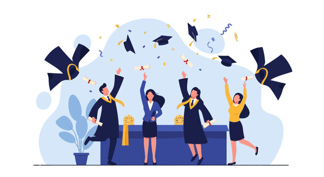 Celebrating academic achievement: Graduates throwing hats and diplomas in celebration