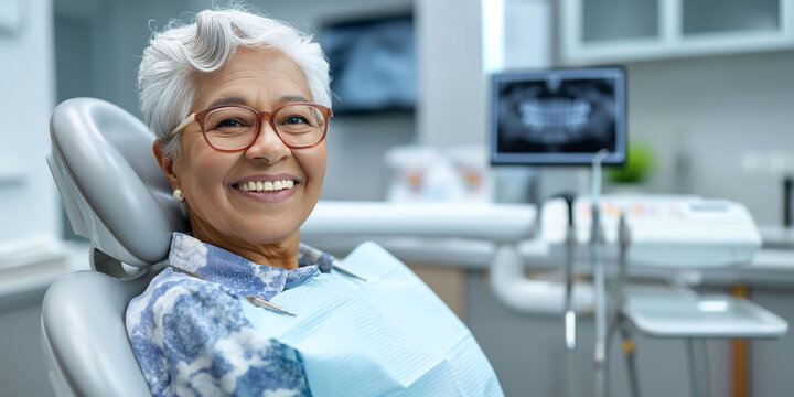 Elderly woman sitting in dentist's office waiting for treatment