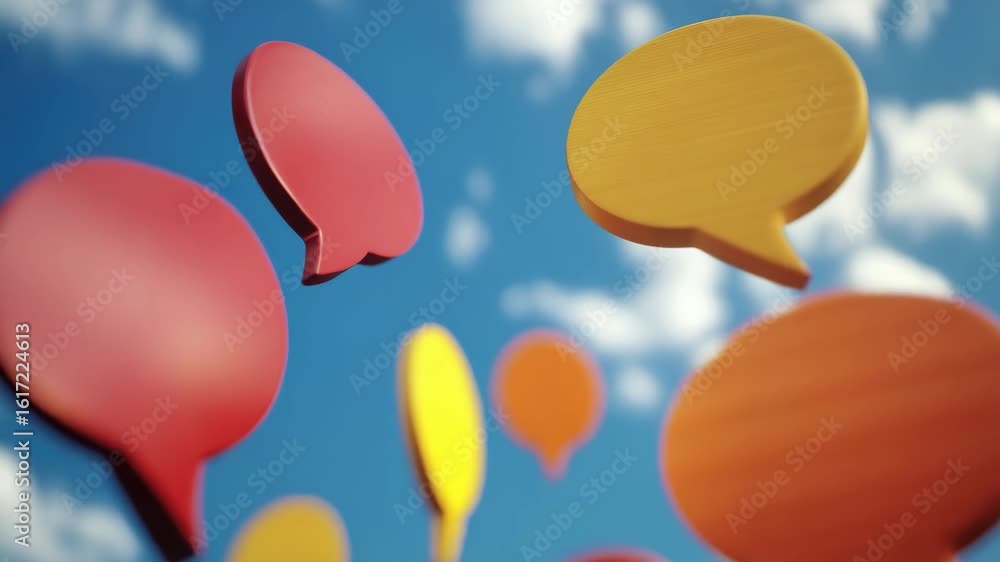 Poster red and yellow speech bubbles against a blue sky background with clouds, representing the concept of