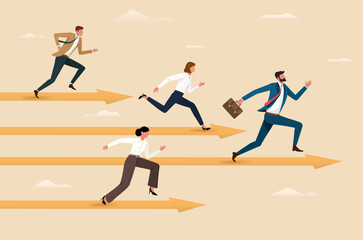 A group of people in business suits are racing each other along arrows, depicting rivalry. Vector business concept in cartoon style.
