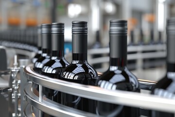 Naklejka premium Dark glass bottles on a conveyor belt, in a factory setting, ready for distribution.
