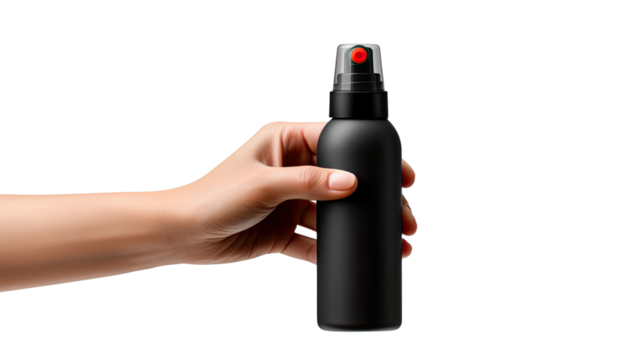 Hand holding sleek black spray bottle with red accent illustration isolated on white background