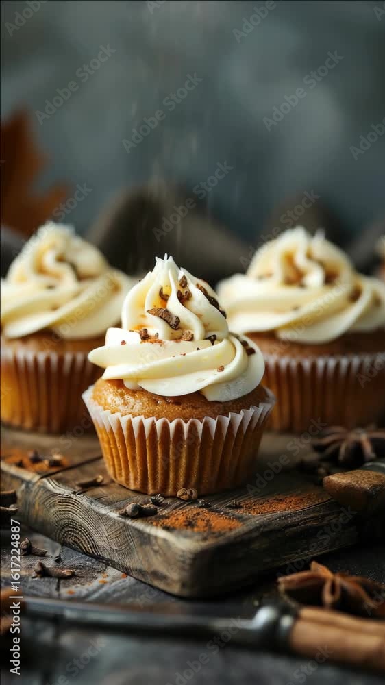 Poster decorative cupcakes with maple frosting, crumbled bacon bits on top.