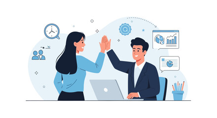 Cheerful business colleagues celebrating success with high-five and data analysis