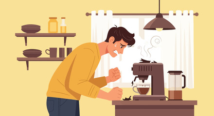 Frustrated Man Experiencing Coffee Machine Malfunction In The Morning