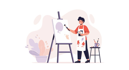 Artist Creating Artwork With Brush On Canvas With Creative Illustration