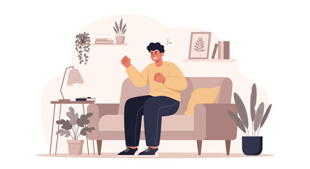 Fototapeta premium Frustrated man expresses anger while sitting on couch in living room concept