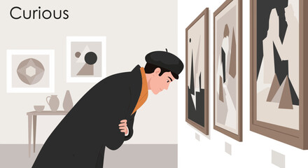 Artistic Discovery Man Contemplating Abstract Artwork Displayed In Contemporary Gallery