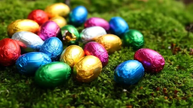 Colorful Easter Eggs on Mossy Ground: A Festive Scene