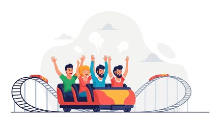 Cheerful Friends Experiencing Thrilling Ride On Roller Coaster At Amusement Park