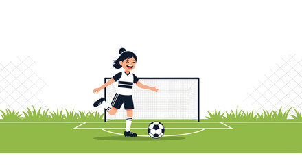 Fototapeta premium Cheerful Girl Playing Soccer On The Field During Daytime With Goal Post