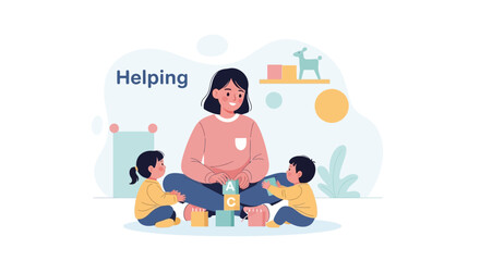 Cheerful Nanny Playing With Toddlers By Stacking Colorful Educational Blocks