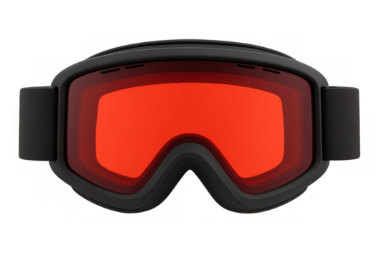 Modern ski goggles with red lens providing protection and clear vision on the slopes, isolated on transparent background