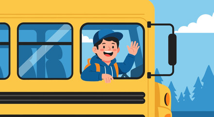 Cheerful Schoolchild Waving From Yellow Bus On Sunny Day Trip Illustration