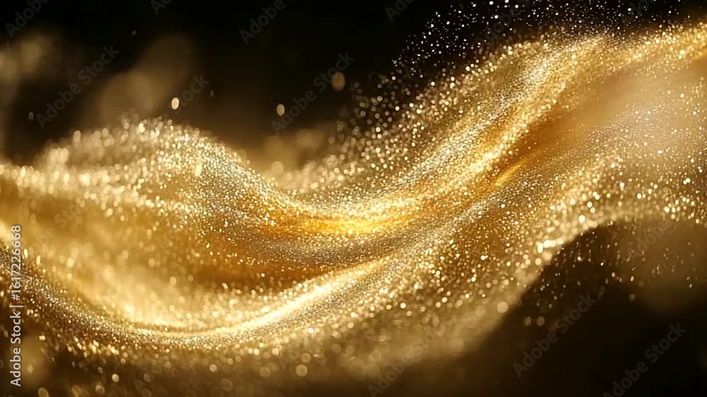 Wall mural golden glittering particles flowing across black background animation loop