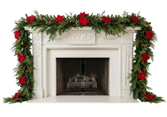 Elegant white fireplace adorned with a lush green garland and red roses isolated on transparent background