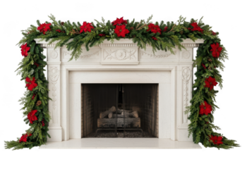 Elegant white fireplace adorned with a lush green garland and red roses isolated on transparent background