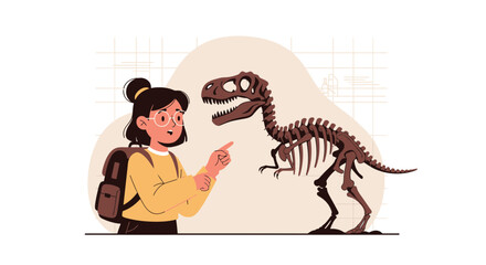 Obraz premium Enthralled girl exploring prehistoric past standing before a dinosaur skeleton