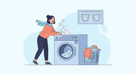 Cheerful woman doing laundry at home using a washing machine for cleanliness