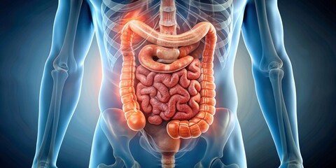 Crohn's disease affecting small intestine with intestinal inflammation and ulcers, gut health, crohns disease
