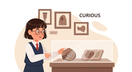 Enthusiastic Girl Discovering Prehistoric Fossils at Science Museum Exhibition