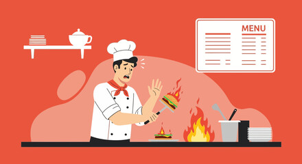 Chef In Kitchen Fails With Flaming Hamburger Disaster In Restaurant