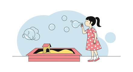 Girl Blowing Bubbles In The Backyard With Sandbox Minimalist Illustration