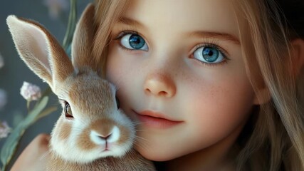 A tender scene of a young girl embracing a pet bunny, reflecting the beauty of nature and the simple joys of life.
