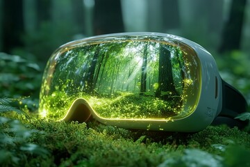 Virtual Reality Headset Reflecting Lush Forest, Merging Nature and Technology in Harmony