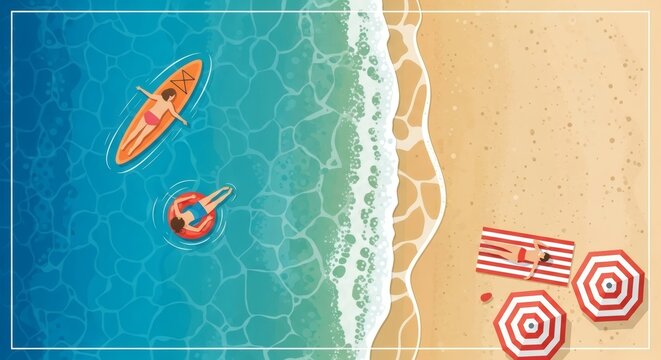 Overhead illustration of a beach scene with a person kayaking and floating in the ocean, with umbrellas. - Powered by Adobe