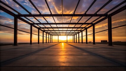 Stunning sunset silhouettes steel frame construction site with golden light reflections