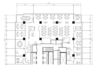 2D AutoCAD Office Layout with Meeting Room, Work Desks, and Common Area - Vector Drawing