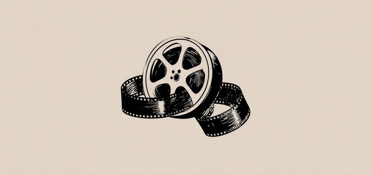 Minimalist vintage film strip and cinema reel vector logo in black on light beige background, hand-drawn clip art style