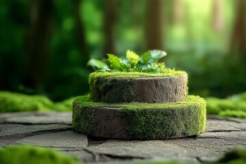 Moss-Covered Stone Platform with Fresh Green Leaves in a Serene Forest Setting