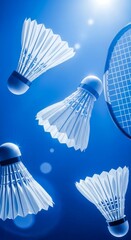 Four shuttlecocks and part of a badminton racket are illuminated against a bright blue background, suggesting a dynamic game.