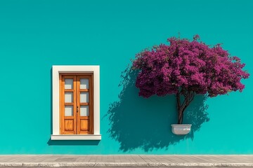 Vibrant Turquoise Wall with Wooden Window and Blossoming Bougainvillea on a Sunny Day