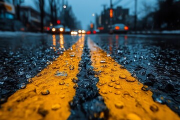 Rain-Soaked Urban Road with Golden Lines and Blurred City Lights in Soft Focus