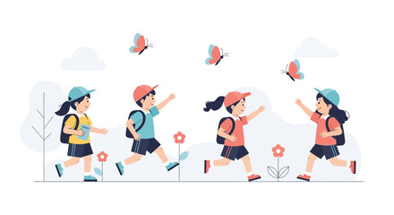 Excited Elementary Students Running Toward School With Butterflies Illustration