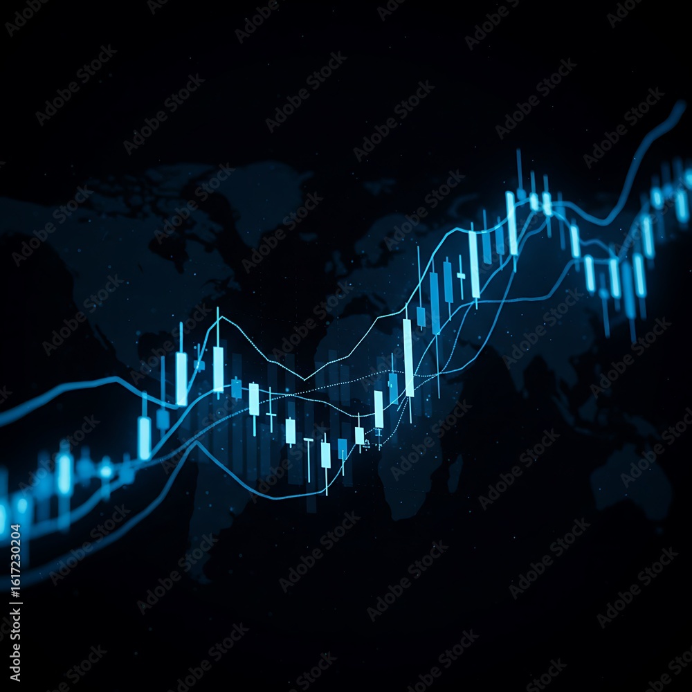Poster global market analysis with candlestick chart and world map background