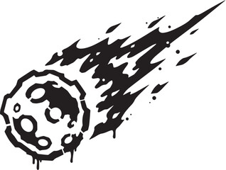 Stylized black and white illustration of a meteor plummeting tow