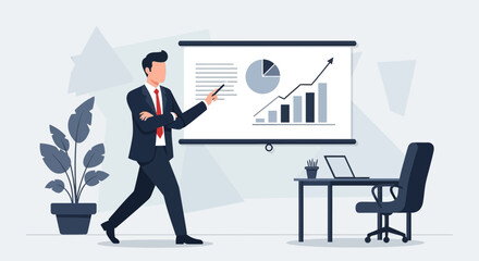 Obraz premium Confident Professional Presents Data Charts In Office Setting For Business Growth