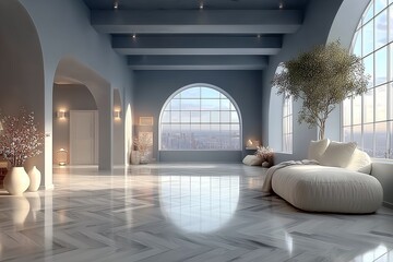 Serene Loft Interior with Expansive Windows, Cozy Seating, and Elegant Decor in Soft Blue Tones