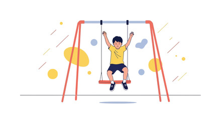 Fototapeta premium Boy Joyfully Swinging High On A Playground Displaying Carefree Childhood Fun