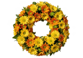 Vibrant autumn flower wreath with yellow and orange blooms isolated on transparent background