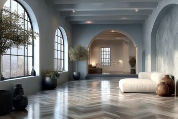 Sunlit Urban Loft with Elegant Arched Windows and Minimalist Interior Design