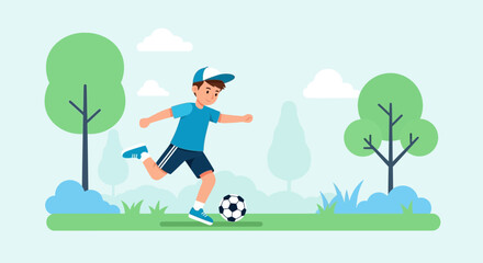Boy playing football in park illustration, vector design for recreational activities and children's sports showing active lifestyle and healthy pastime